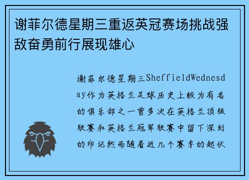 谢菲尔德星期三重返英冠赛场挑战强敌奋勇前行展现雄心 谢菲尔德星期三重返英冠赛场挑战强敌奋勇前行展现雄心