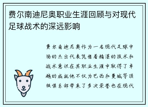 费尔南迪尼奥职业生涯回顾与对现代足球战术的深远影响