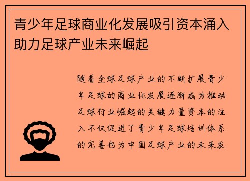 青少年足球商业化发展吸引资本涌入助力足球产业未来崛起 青少年足球商业化发展吸引资本涌入助力足球产业未来崛起