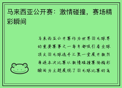 马来西亚公开赛：激情碰撞，赛场精彩瞬间